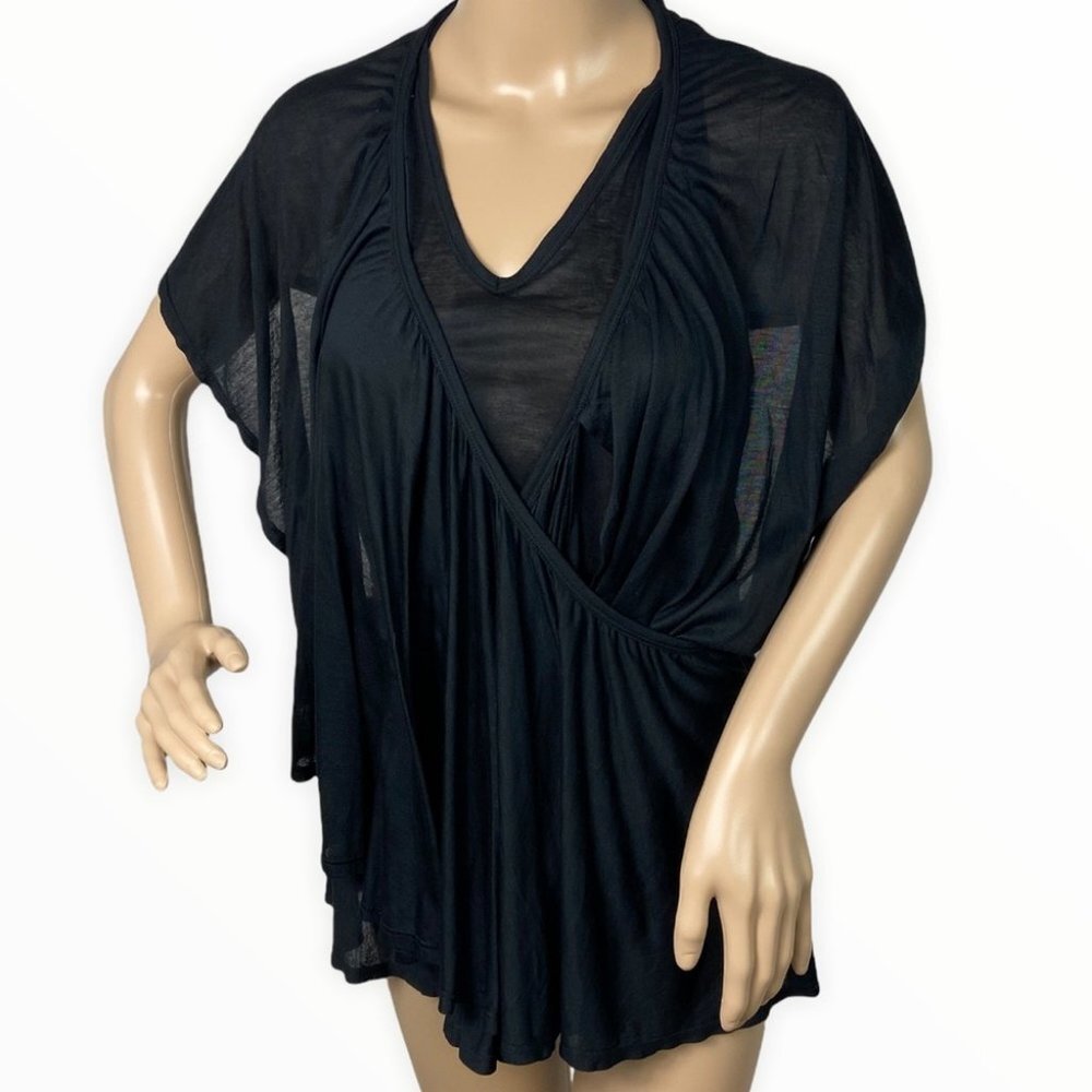 Robert Rodriguez Micro Modal Faux Wrap Top Black Size Medium Open Back‎ Sheer M